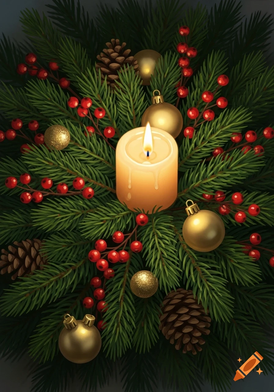 A festive close-up of a lit candle surrounded by fir branches, red berries, golden ornaments, and pinecones.