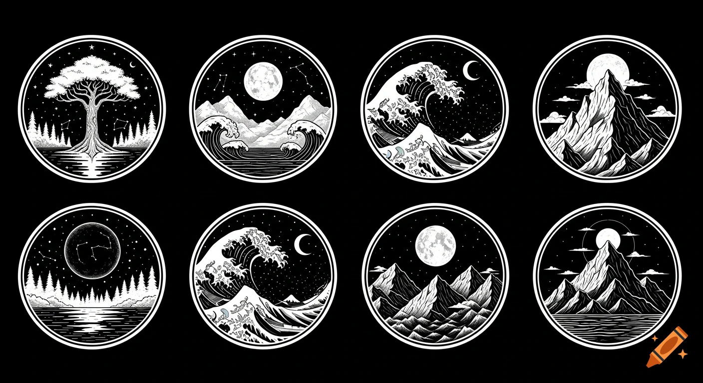 Eight circular black and white graphic illustrations featuring trees, mountains, ocean waves, moons, and stars.