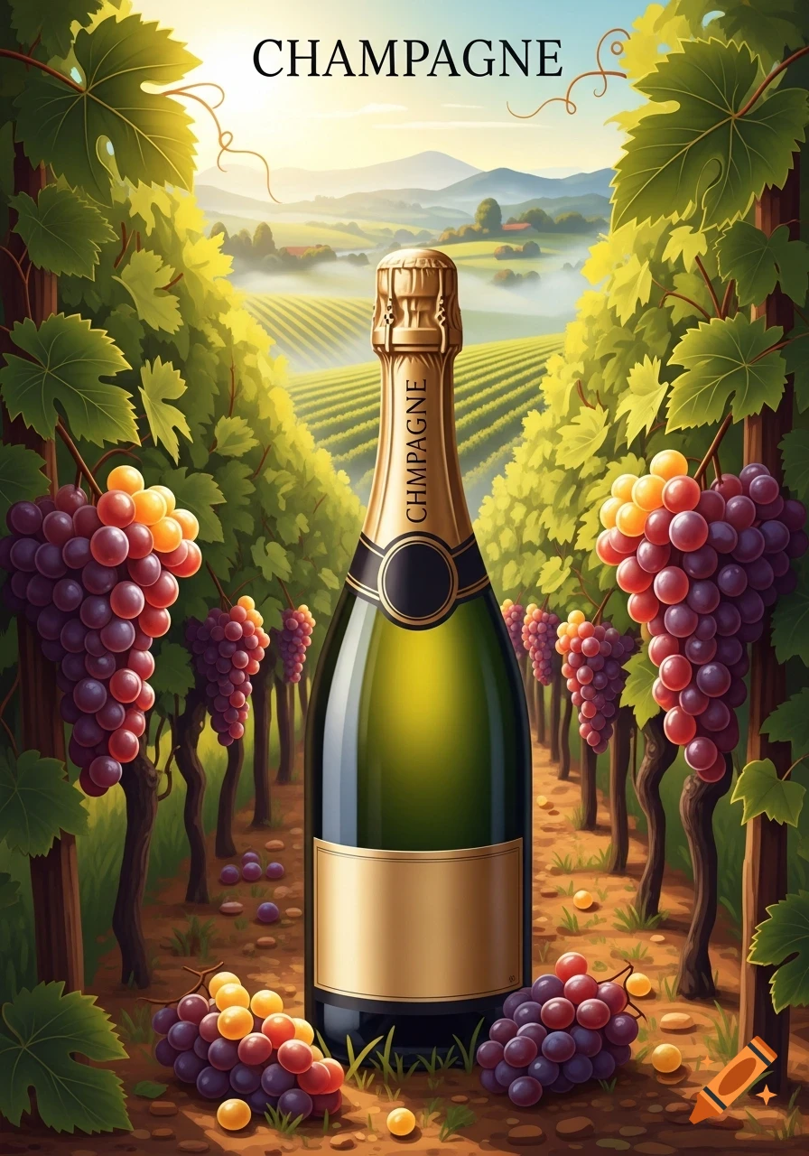 Vibrant illustration of a champagne bottle and grapes in a sunny vineyard with rolling hills.