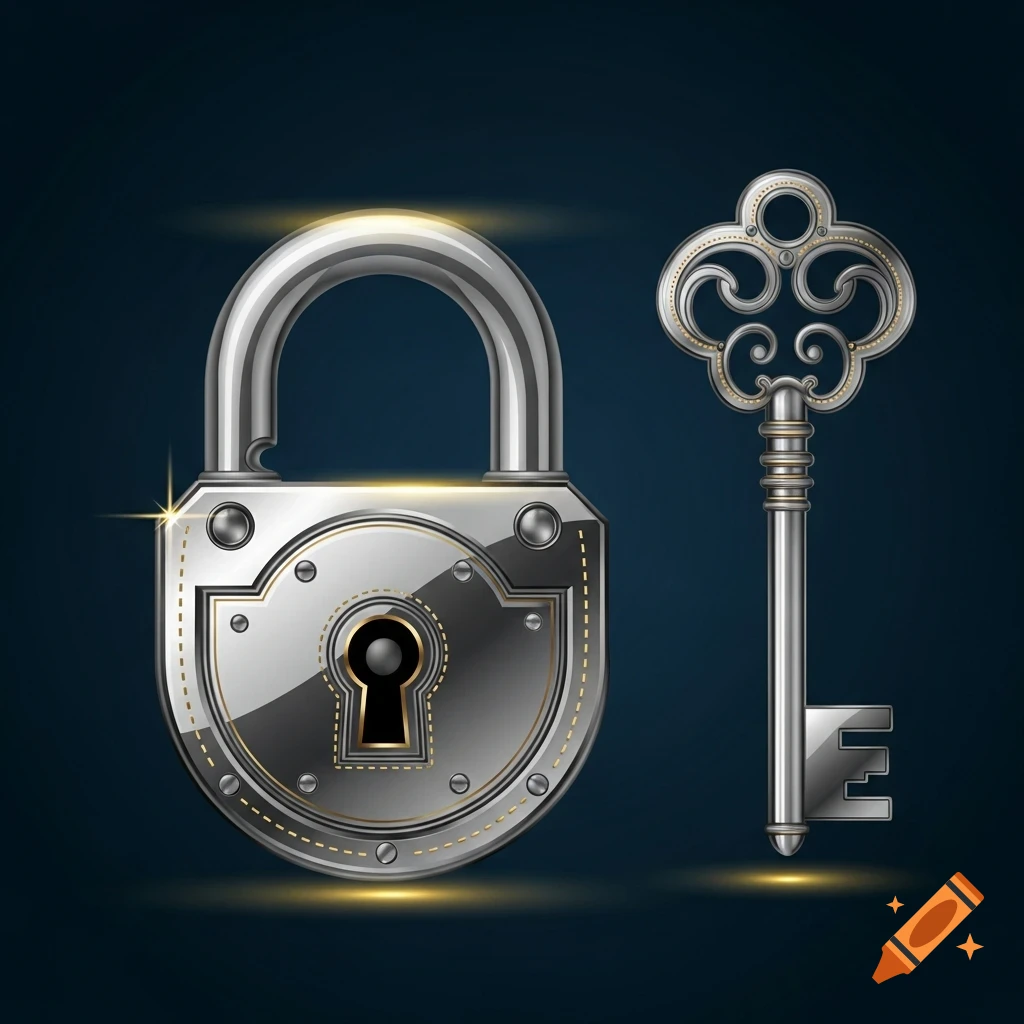 A shiny silver padlock next to an ornate silver key, standing on a dark blue background with glowing accents.