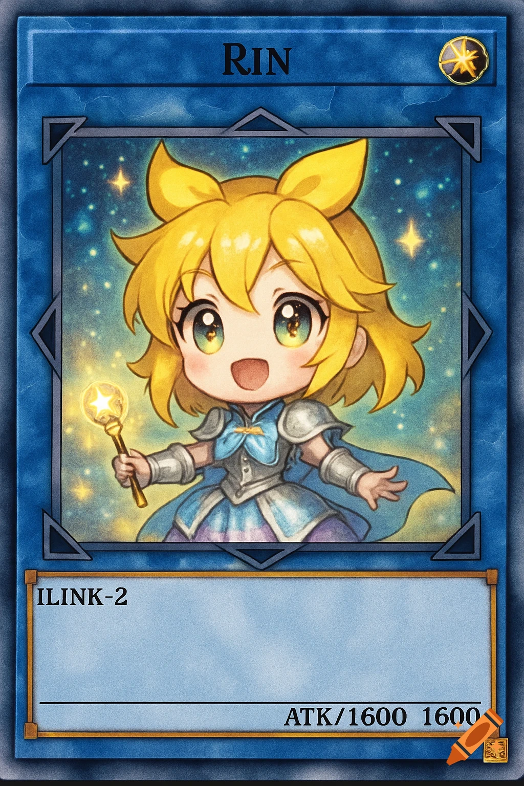 Chibi character Rin on a blue Yu-Gi-Oh trading card, holding a glowing star-tipped wand against a starry background.
