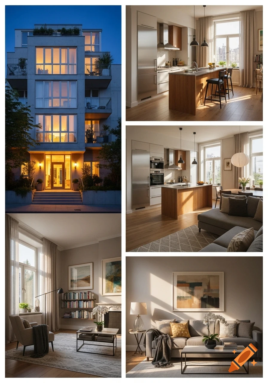 A collage showing an apartment building exterior at night and various modern interior rooms, including a kitchen with an island, and living areas with sofas, bookshelves, and large windows.