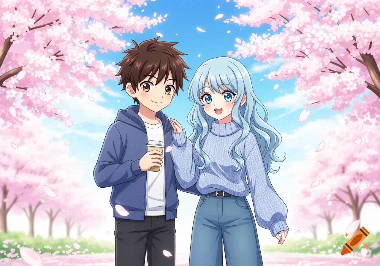 Smiling anime boy and girl stand in a park with pink cherry blossoms. Boy holds a coffee cup, girl has light blue hair.