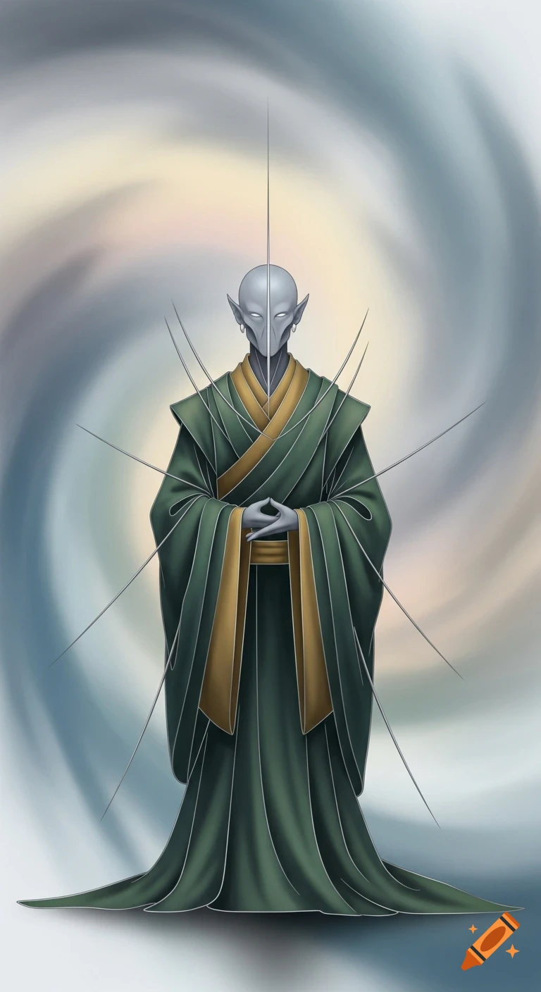 A stylized githzerai monk in a green and gold robe stands with hands clasped, surrounded by a swirling background and sharp lines.