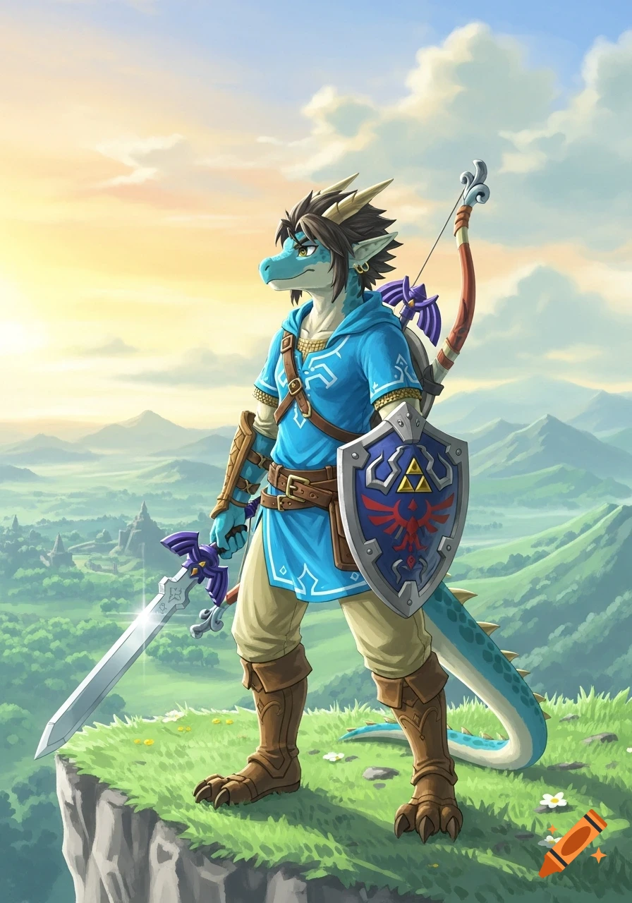 A light-blue anthropomorphic dragon, dressed as Link from Zelda: Breath of the Wild, stands on a cliff holding a sword and shield, overlooking a green landscape.