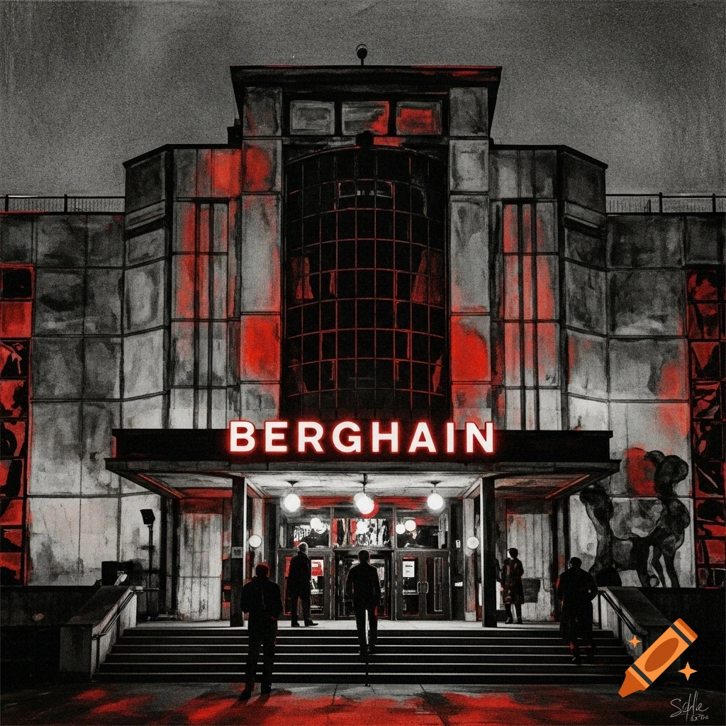 Exterior of Berghain nightclub at night, with a red neon sign and people entering, rendered in an expressionistic black and white style with red accents.