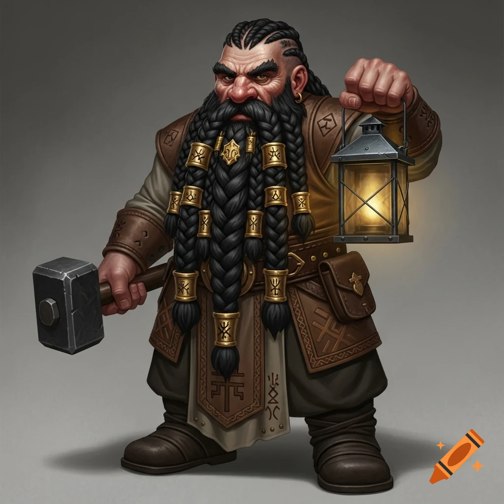 A proud dwarf with braided black hair and beard, decorated with brass tubes, holds a smithing hammer and a lit lantern.