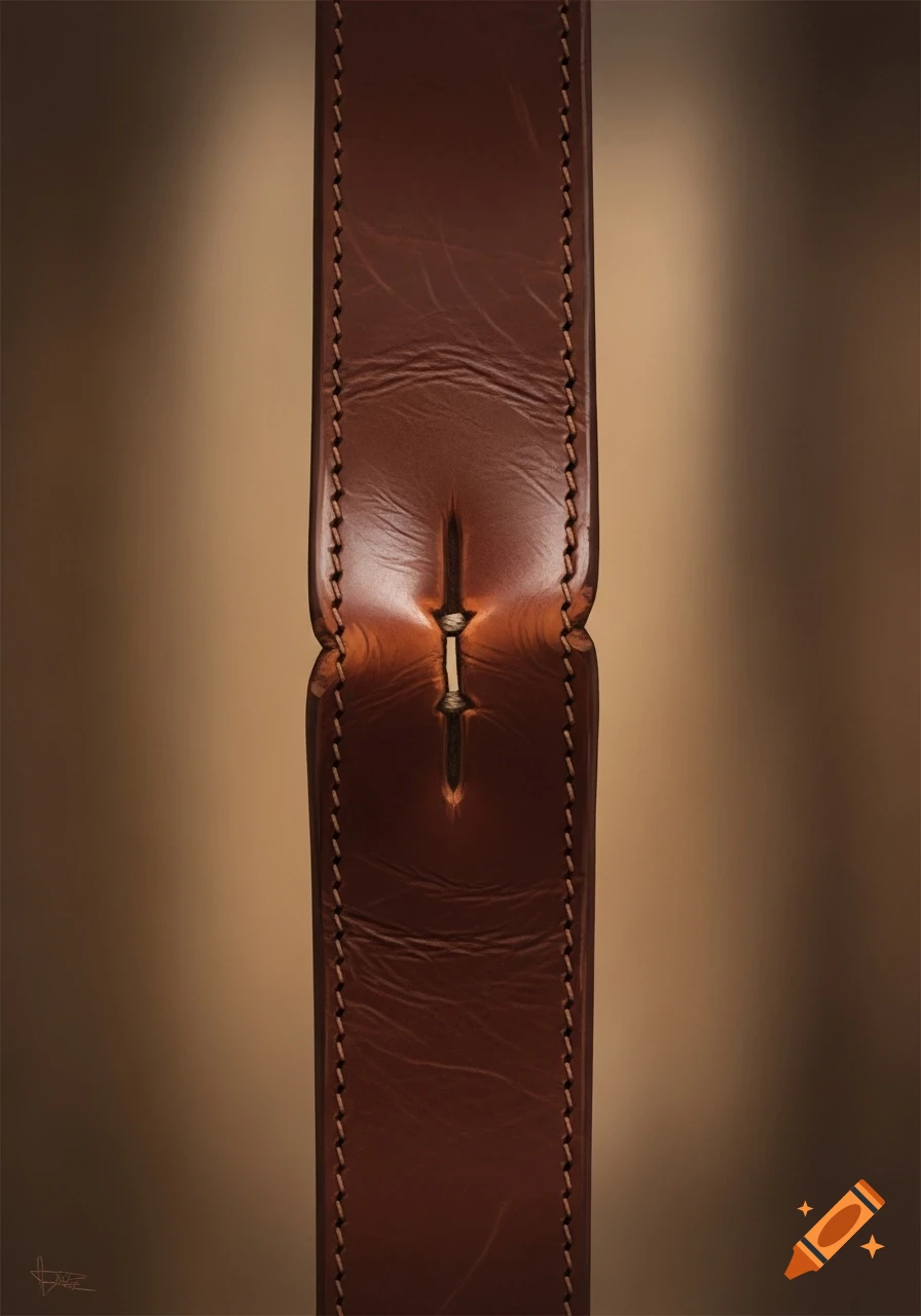 A vertical brown leather belt with visible stitching and a deep central crease, set against a blurred brown background.