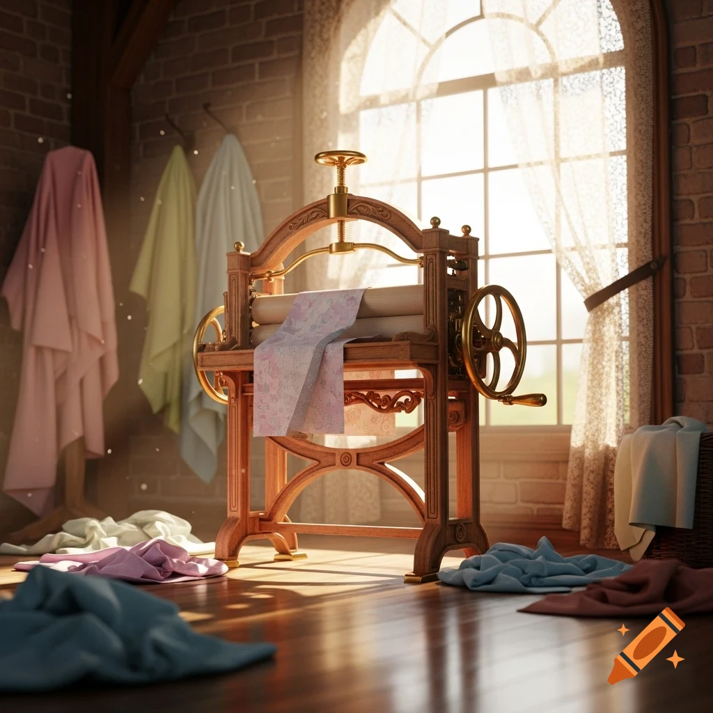 A sunlit room with a vintage wooden clothes mangle. Clothes hang on the wall and are scattered on the polished wooden floor.