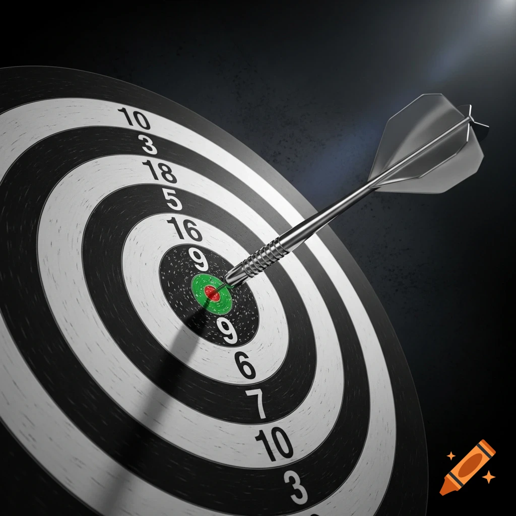 A close-up, dimly lit, photorealistic image of a dartboard with a silver dart perfectly stuck in the bullseye.