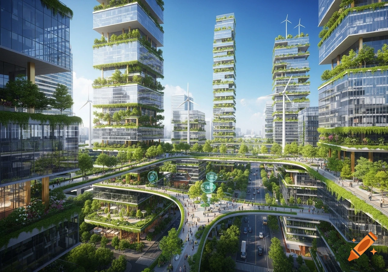 A futuristic green city with glass skyscrapers covered in lush vertical ...