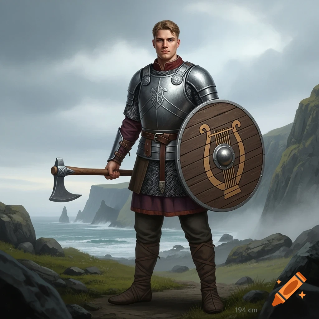 A photorealistic depiction of a male Viking warrior in armor holding an axe and a shield with a lyre symbol, standing on a rocky coast.