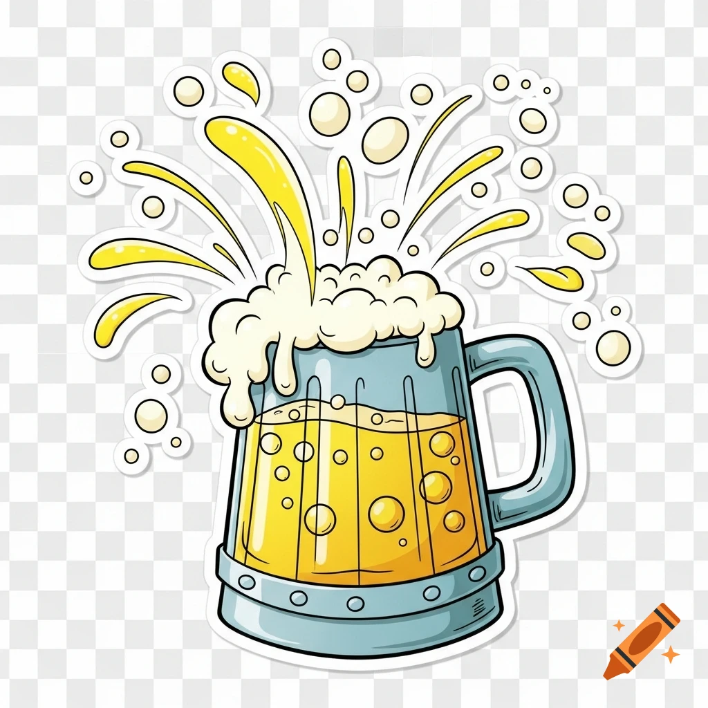 Cartoon sticker of an overflowing mug of frothy beer with bubbles, transparent background.