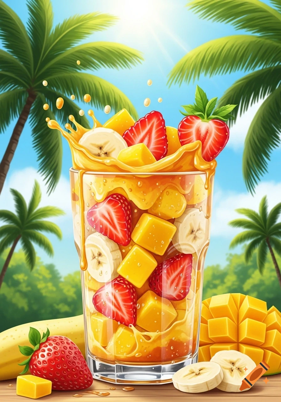 A vibrant illustration of a fruit smoothie with strawberries, banana, and mango in a glass, set against a sunny tropical background.