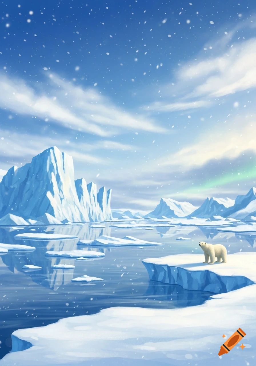 A polar bear stands on an ice floe amidst a vast arctic landscape with large icebergs and falling snow under a blue sky.