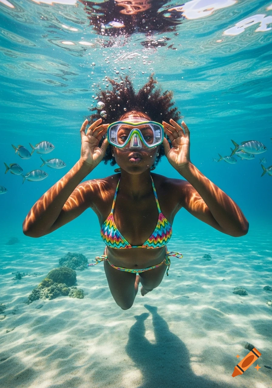 A woman in a colorful bikini and goggles makes a fish face underwater amidst tropical fish and coral.