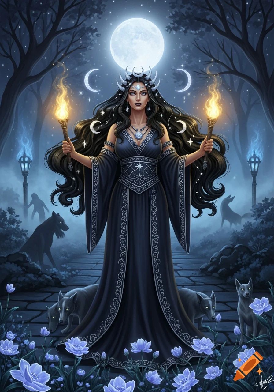 Dark fantasy illustration of a goddess with a moon crown holding torches, flanked by wolves and blue flowers under a full moon.