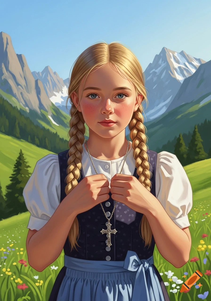 Illustrated portrait of a blonde girl with braids in a traditional German dress, holding a cross necklace in a mountain meadow.