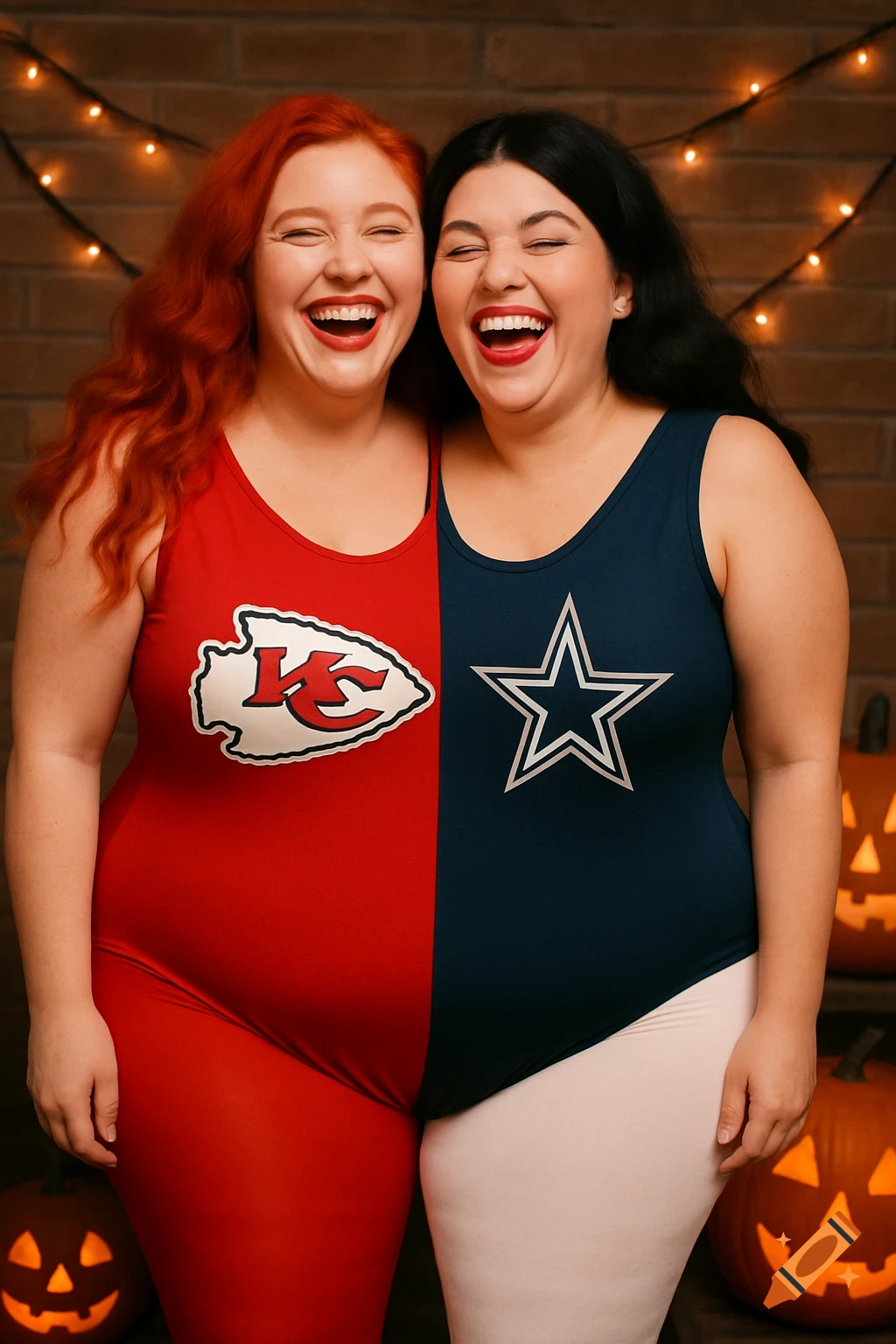 Two laughing women in a conjoined Halloween costume, one side red with a Chiefs logo, the other blue with a Cowboys logo. Jack-o'-lanterns are in the background.