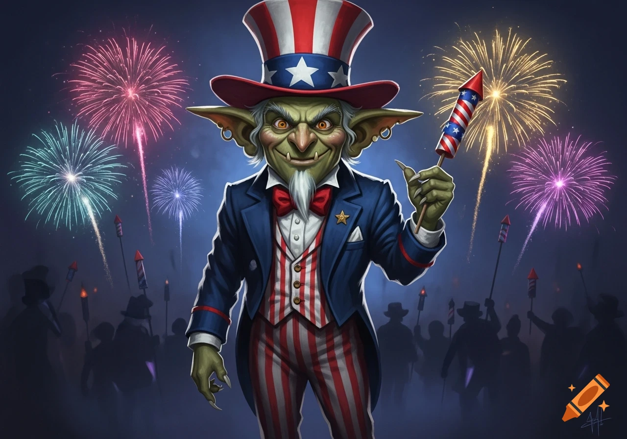 A cartoonish goblin dressed as Uncle Sam, complete with a top hat and striped suit, holding a firecracker against a backdrop of colorful fireworks and a blurred crowd.