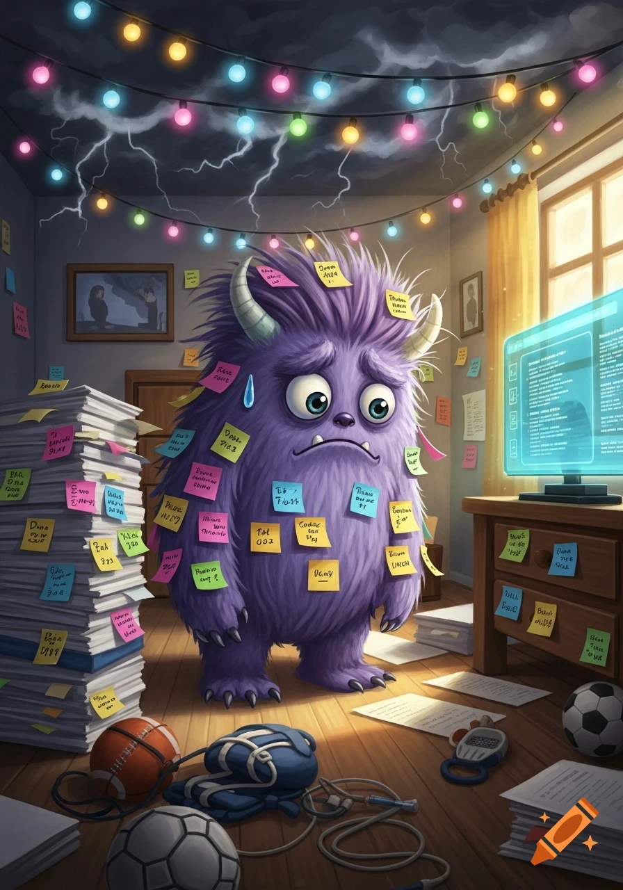Cartoon illustration of a sad, purple, furry stress monster covered in sticky notes in a messy room with papers and sports gear.