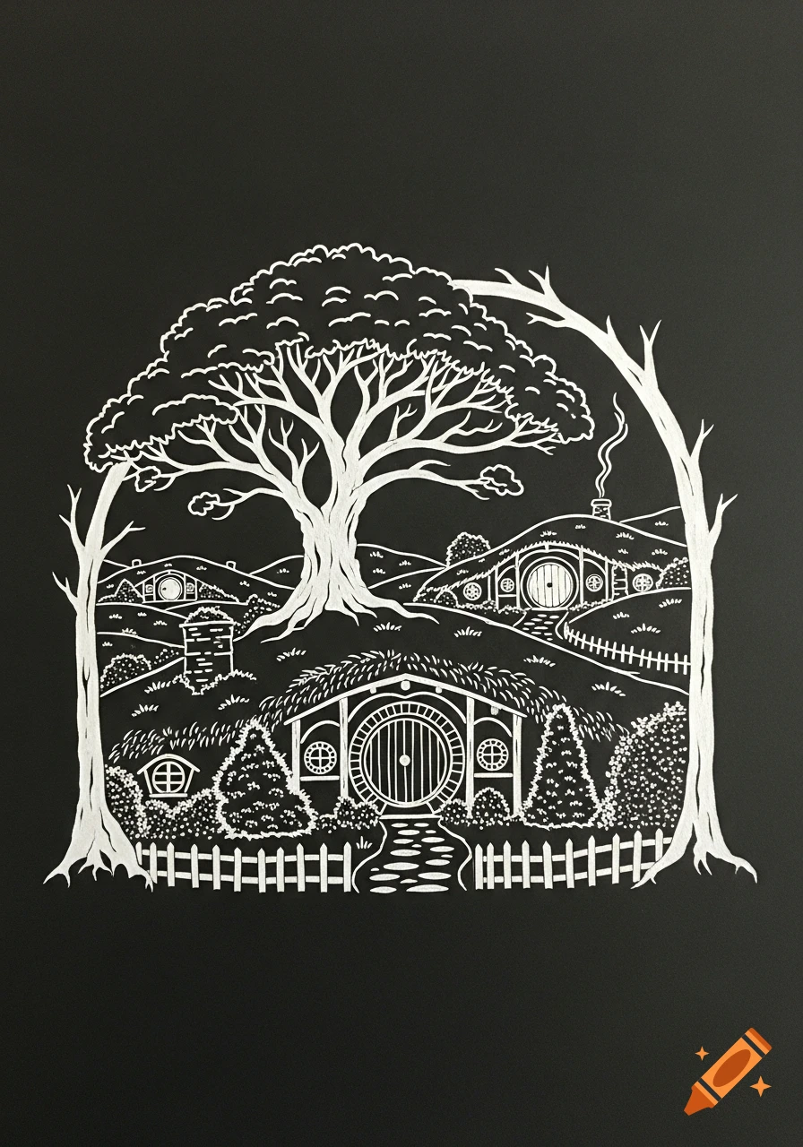 A white-on-black stencil silhouette of the Shire from Lord of the Rings, featuring Hobbit homes nestled into hills under a large tree.
