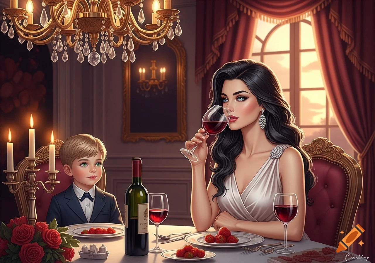 An elegant woman with long black hair sips red wine at a candlelit table, with a young boy in a suit next to her, in a luxurious dining room.