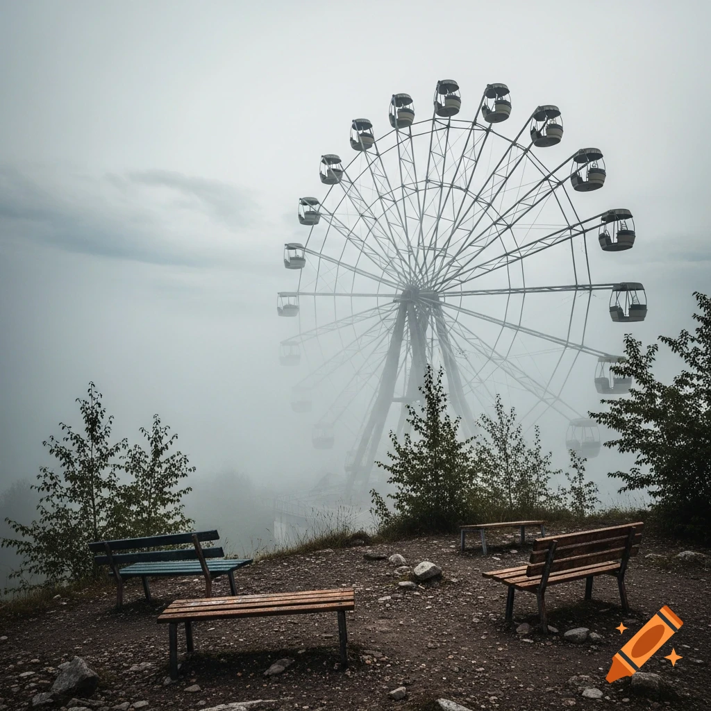 A large, abandoned Ferris wheel shrouded in dense fog, seen from a hill with wooden benches and sparse trees.