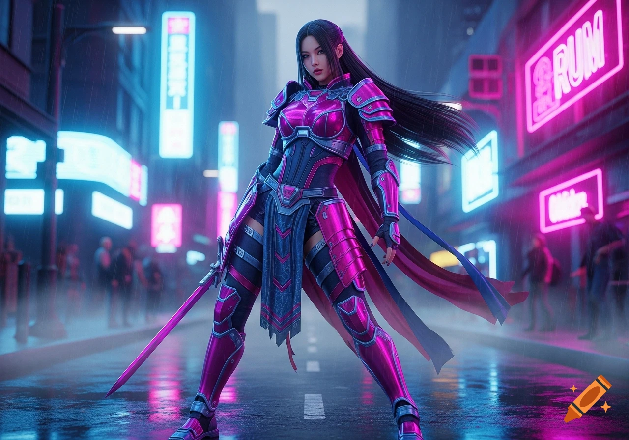 A cyberpunk female warrior in vibrant pink and blue armor stands on a ...