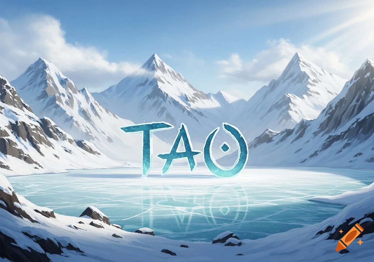Snowy mountain landscape with a frozen lake, featuring the icy blue word 'TAO' reflecting in the ice.