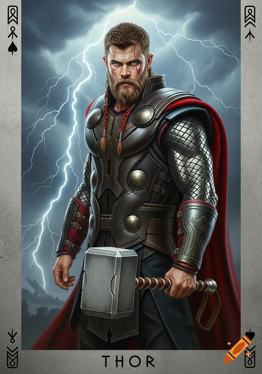 A powerful warrior resembling Thor, with a beard and armor, holds Mjolnir against a stormy, lightning-filled sky, styled like a playing card.