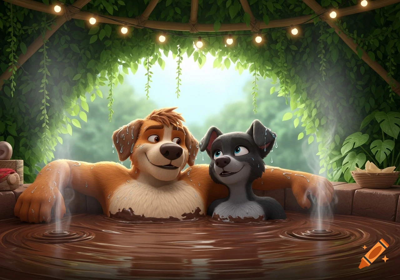 Two smiling anthropomorphic dogs relax in a mud hot tub under string lights and green foliage, in a 3D animation style.