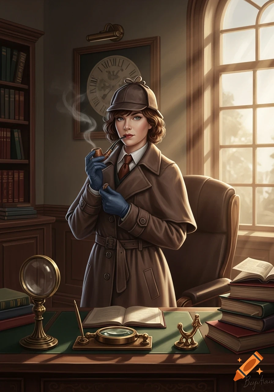 Illustrated woman in Sherlock Holmes attire, smoking a pipe at a desk in a sunlit study.