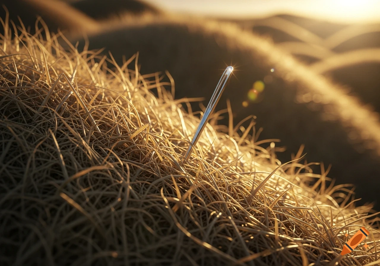 A shiny silver needle stands upright in a dense field of golden haystack, illuminated by soft sunlight.