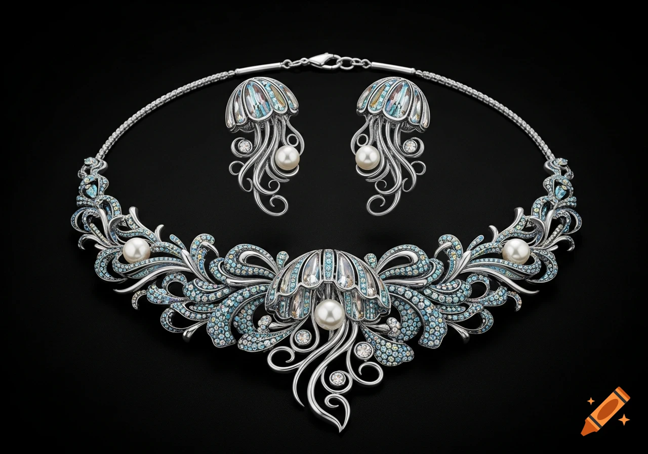 A spectacular silver necklace and matching earrings featuring pearls and blue iridescent gemstones, inspired by deep-sea creatures, on a black background.