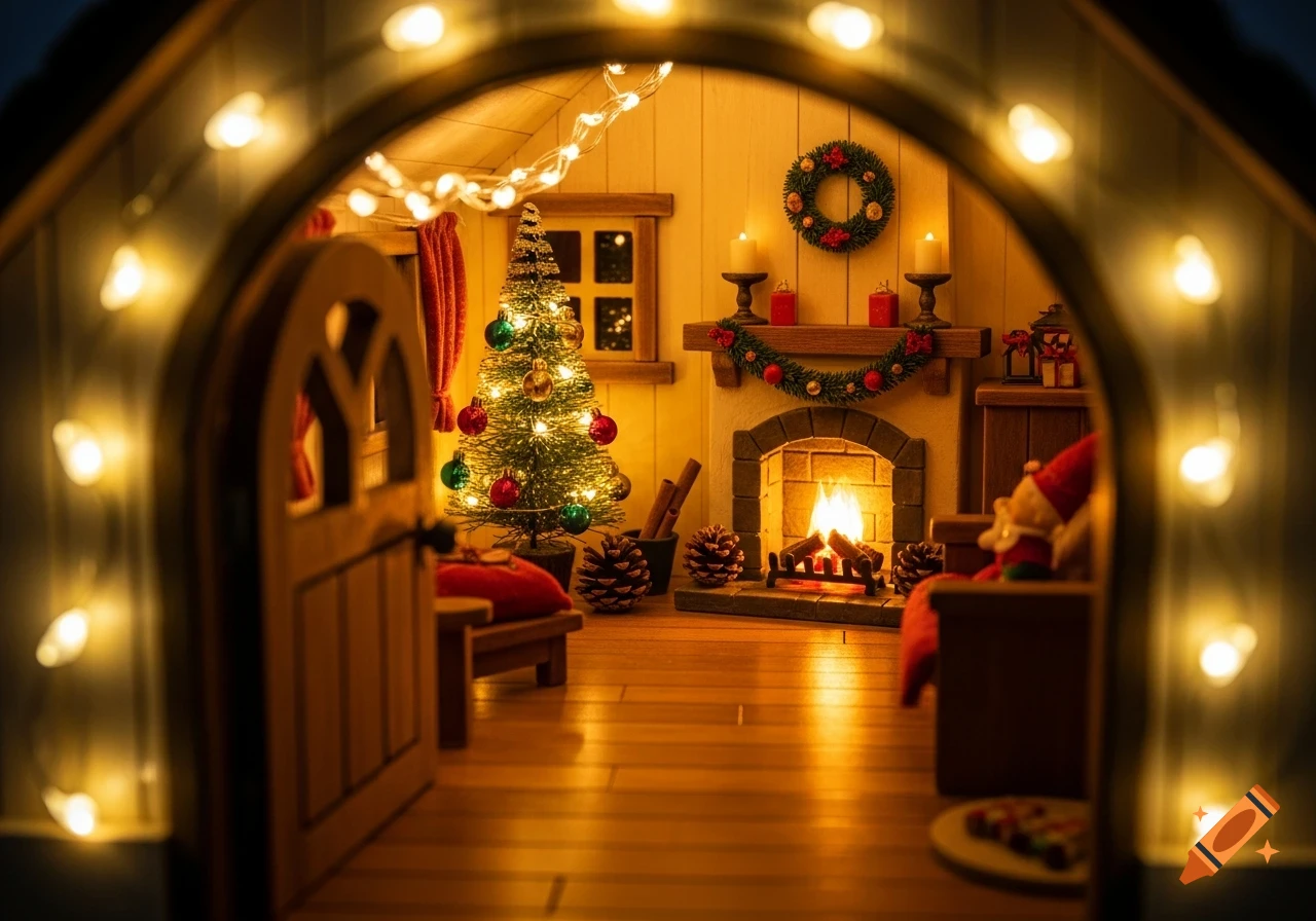 A cozy, warm miniature Christmas scene viewed through an arched doorway, featuring a decorated tree, a fireplace, and holiday garlands.