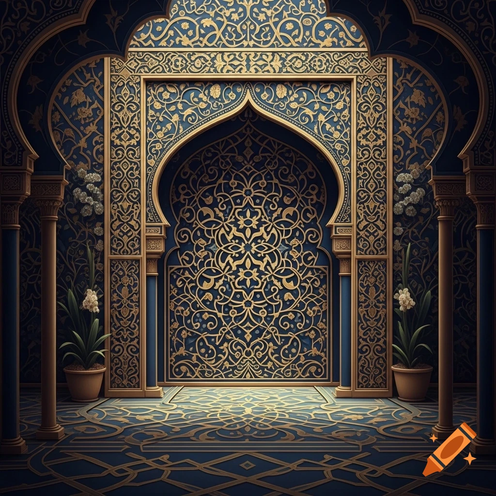 An ornate blue and gold Islamic-style archway with intricate patterns and two potted plants on either side in an opulent room.