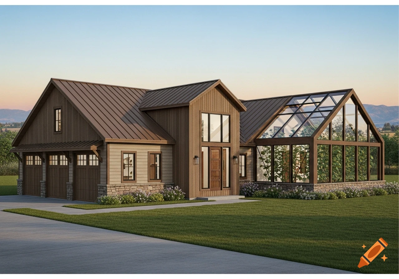 A modern barn-style house with brown and tan siding, a brown metal roof, a three-car garage, and an attached glass greenhouse filled with plants.