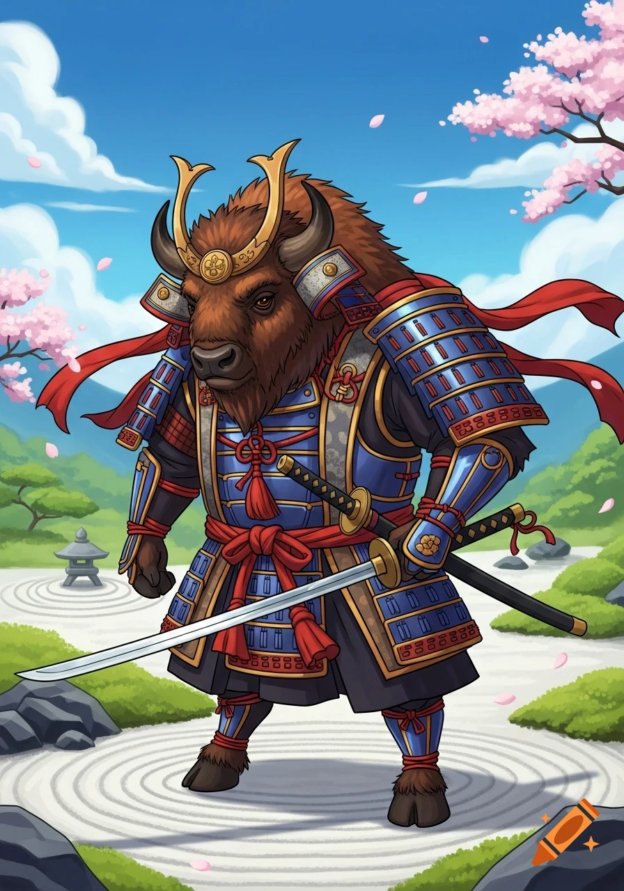 Cartoon bison samurai in blue armor holding two katanas in a Japanese zen garden with cherry blossoms.
