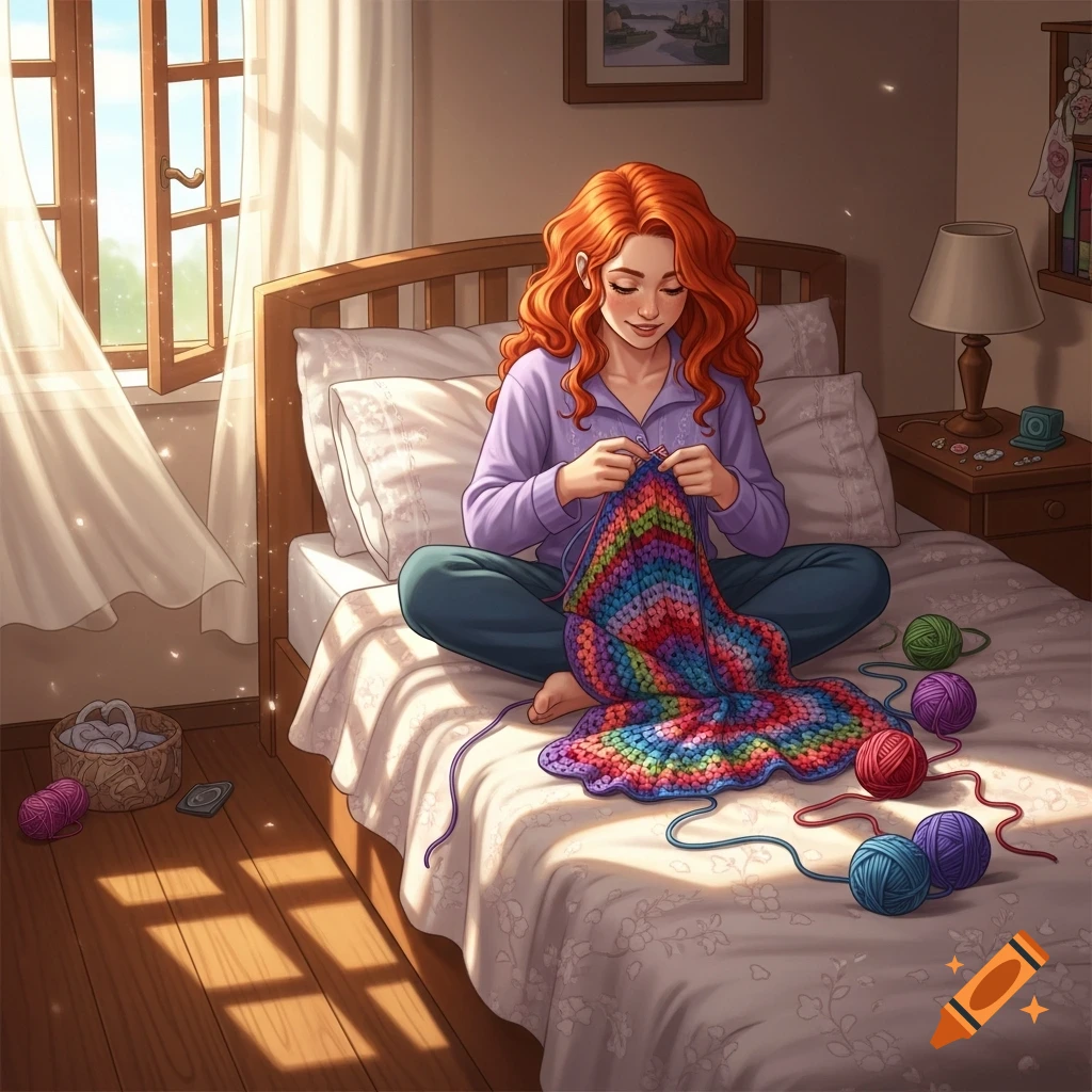 A smiling red-haired woman sits on her bed, crocheting a vibrant rainbow blanket with yarn balls, in an anime style.