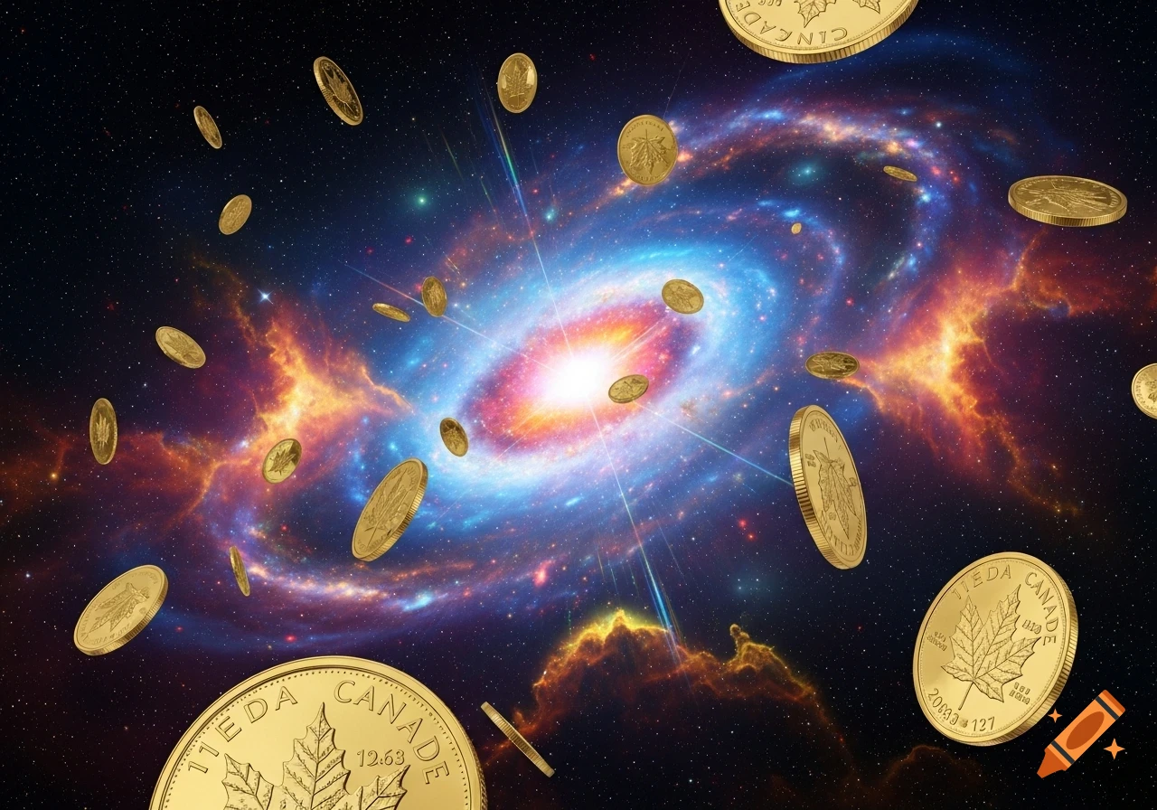 Gold maple leaf coins float in a vibrant cosmic galaxy with a supernova explosion, ultra realistic.