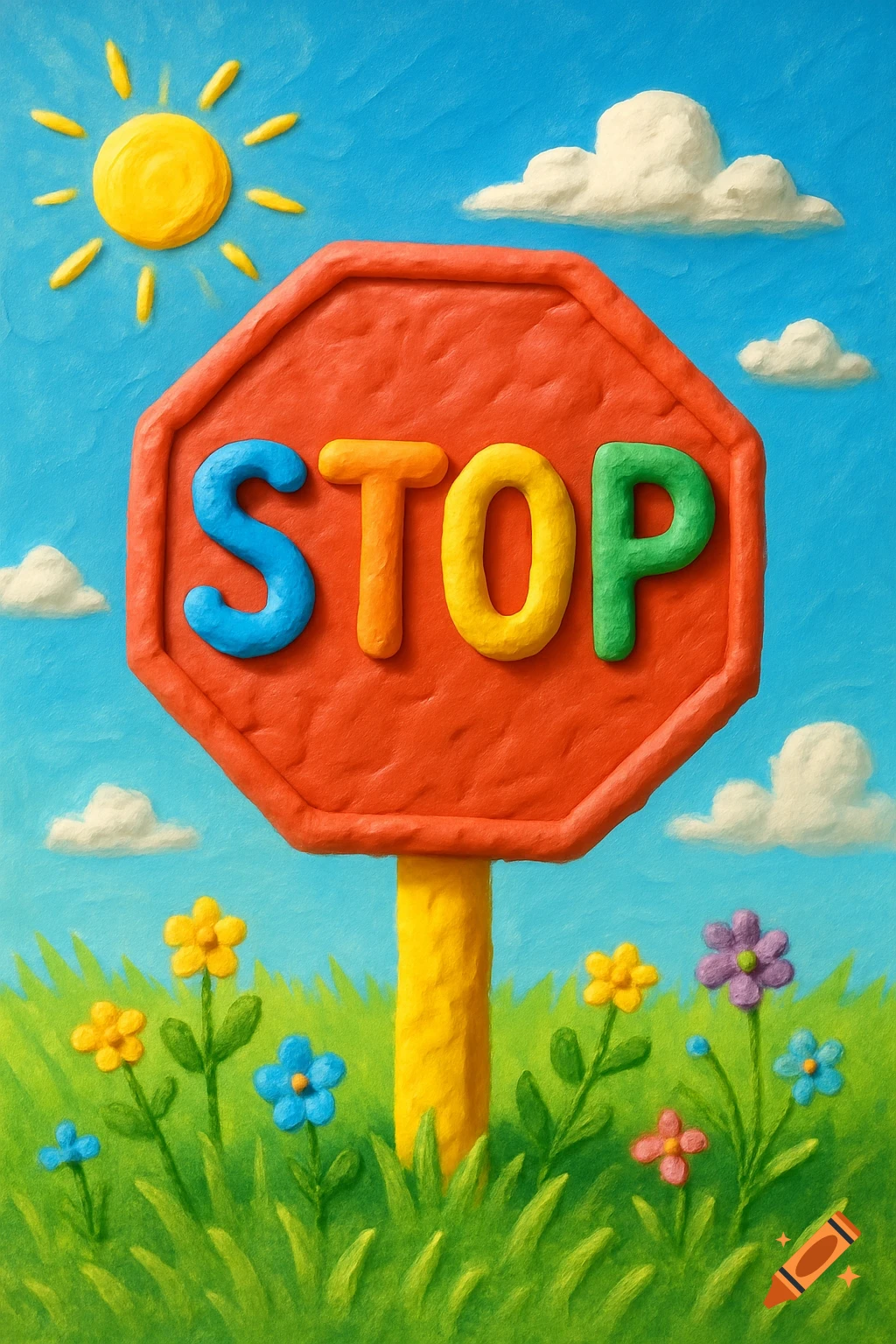 Colorful playdough stop sign with "STOP" text, surrounded by green grass, flowers, a yellow sun, and white clouds.