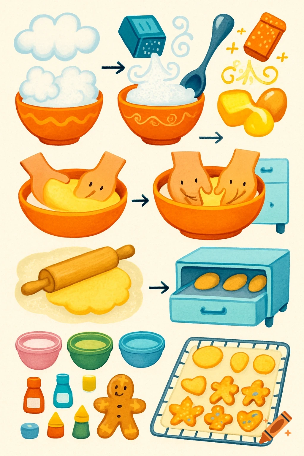 Cartoon step-by-step recipe for baking cookies, showing ingredients, mixing, kneading, rolling dough, baking, and decorating.