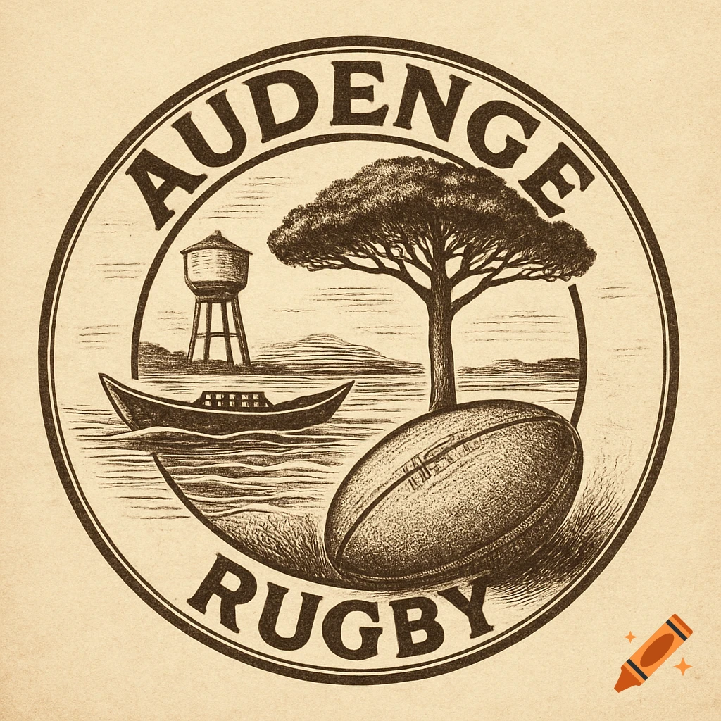 Vintage-style circular logo featuring a water tower, boat, tree, and rugby ball, with 'AUDENGE' and 'RUGBY' text.