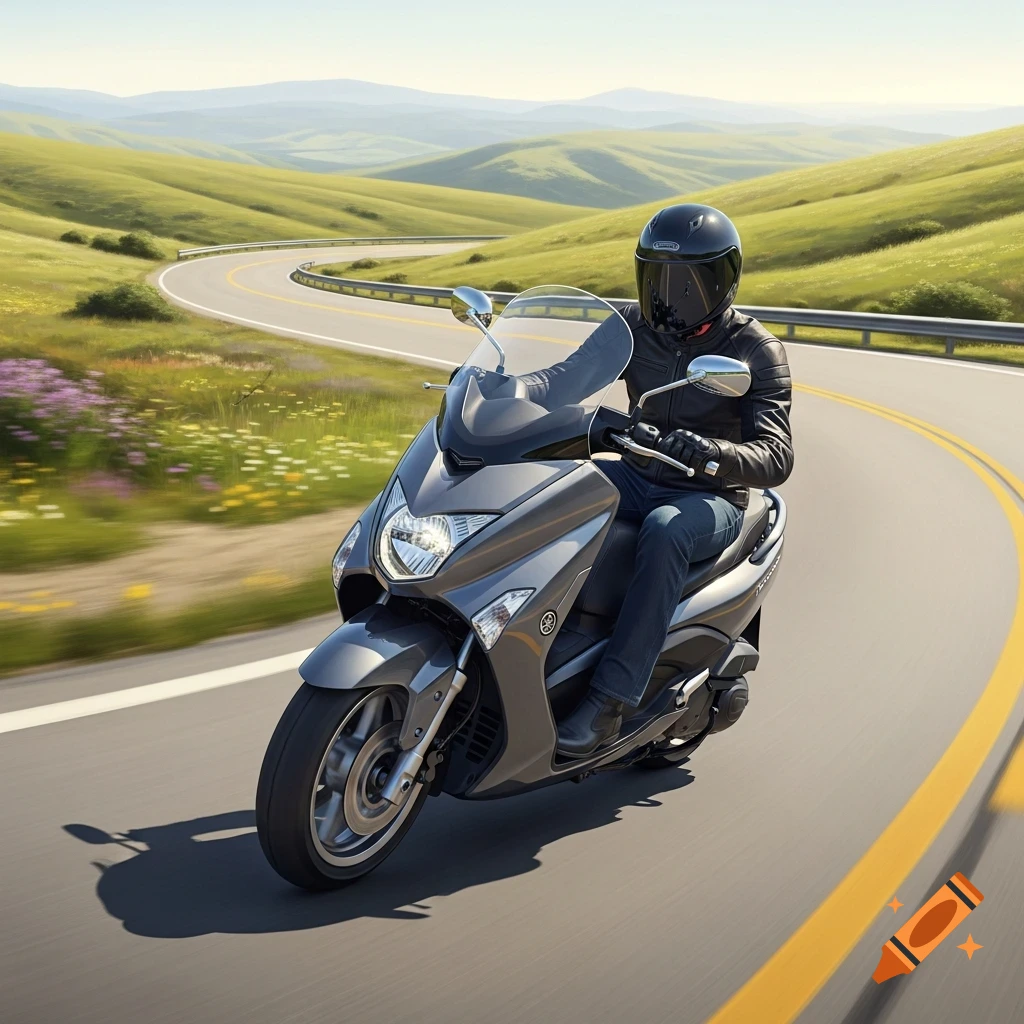 A male rider on a gray scooter navigates a winding highway through green, rolling hills under a bright sky, photorealistic style.