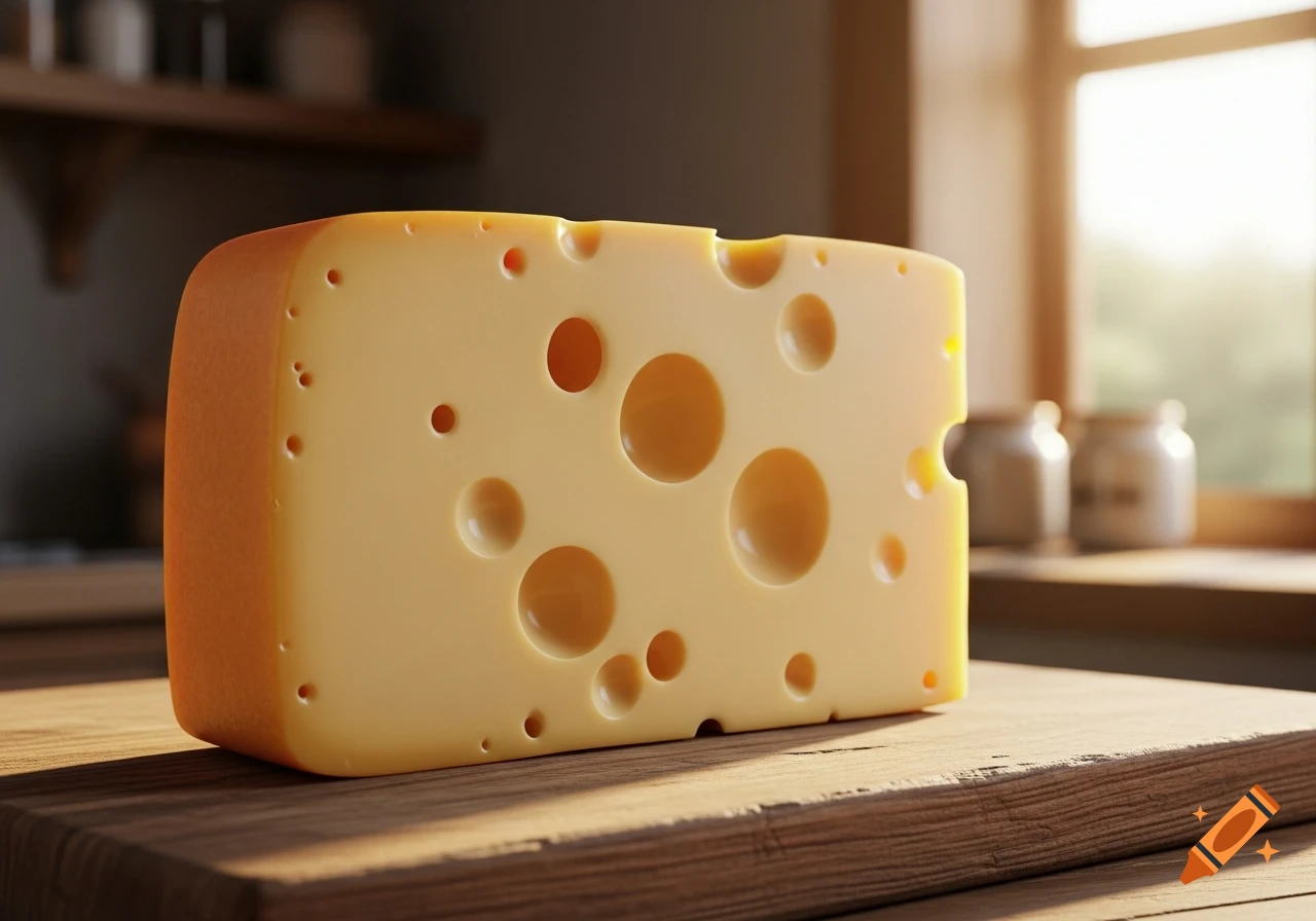 A photorealistic block of Swiss cheese with many holes rests on a wooden cutting board in a sunlit kitchen.