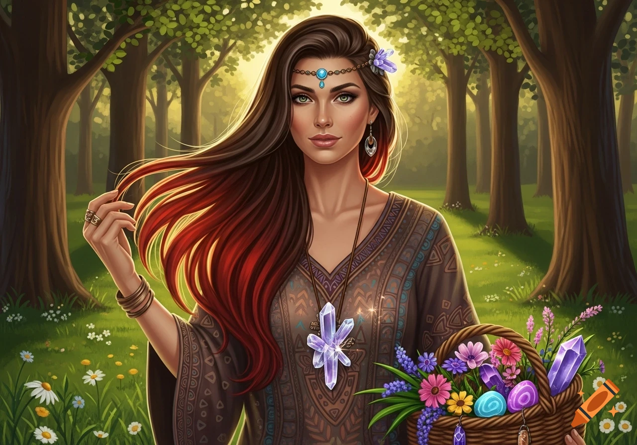 A digitally painted bohemian woman with long brown and red hair stands in a sunlit forest, holding a basket of crystals and flowers.