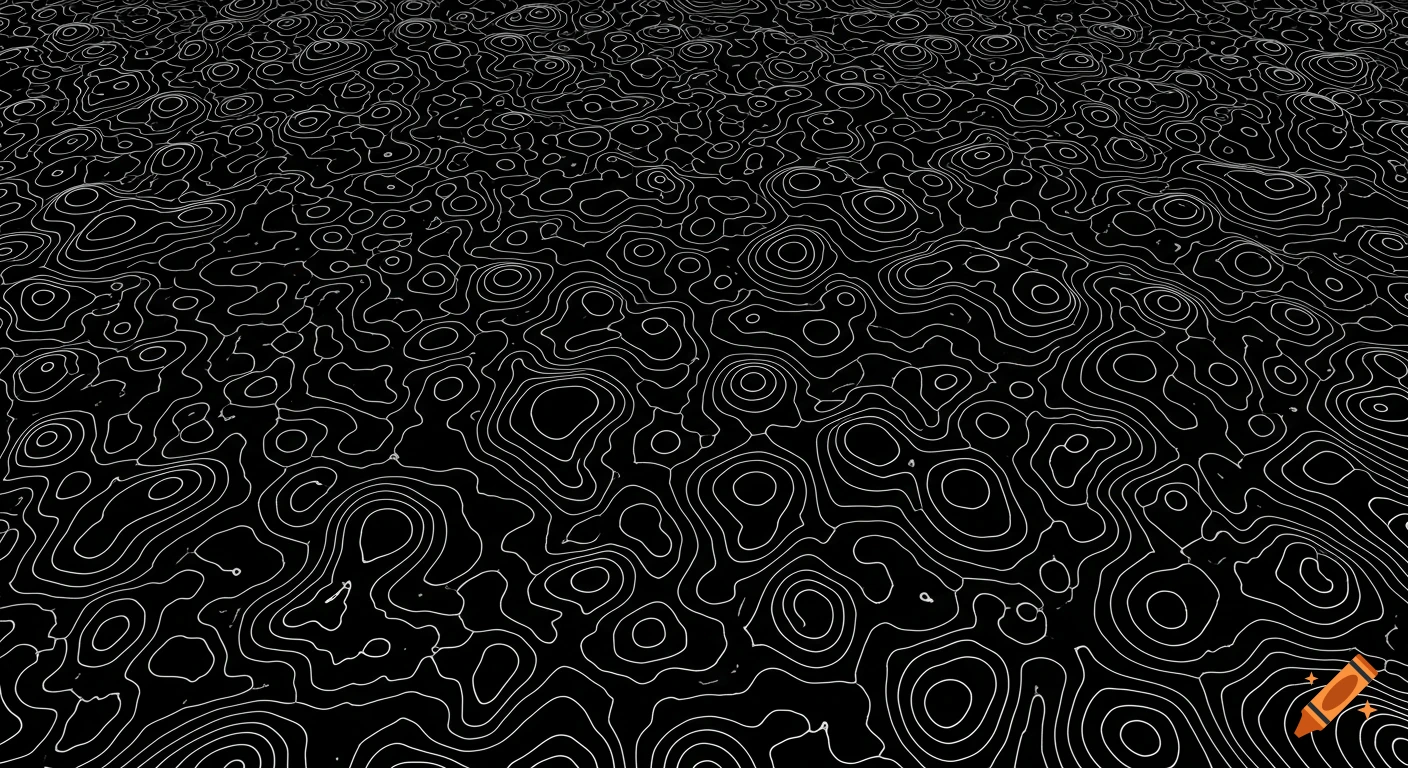 A black background with a detailed pattern of winding white contour lines, resembling a topographic map.