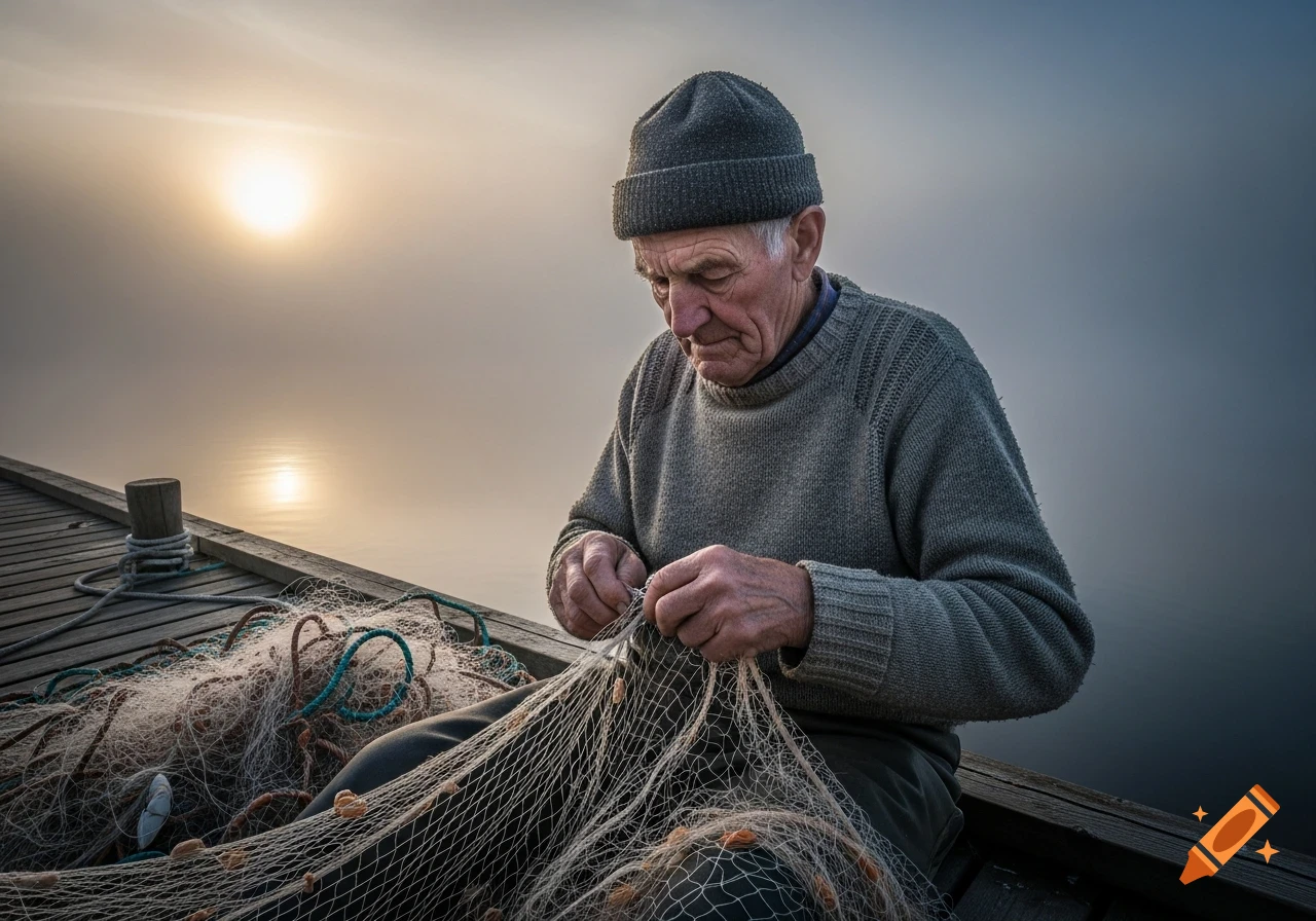 Elderly fisherman with weathered hands mending a net on a wooden dock at sunrise through a misty sky, photorealistic.