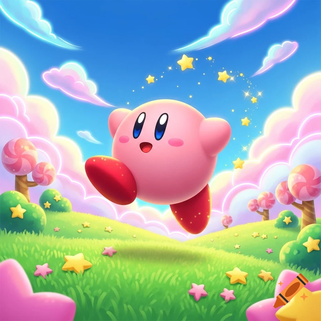 Kirby, the pink puffball, jumps through a vibrant, cartoonish fantasy landscape with green hills, lollipop trees, stars, and pink clouds under a blue sky.